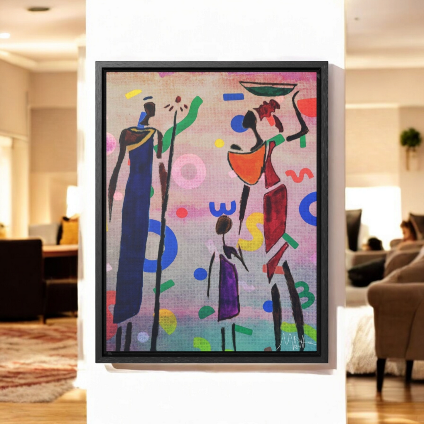 Tribal African Family Sketch - Handcrafted Wall Art, Authentic Home Decoration, Vertical Frame