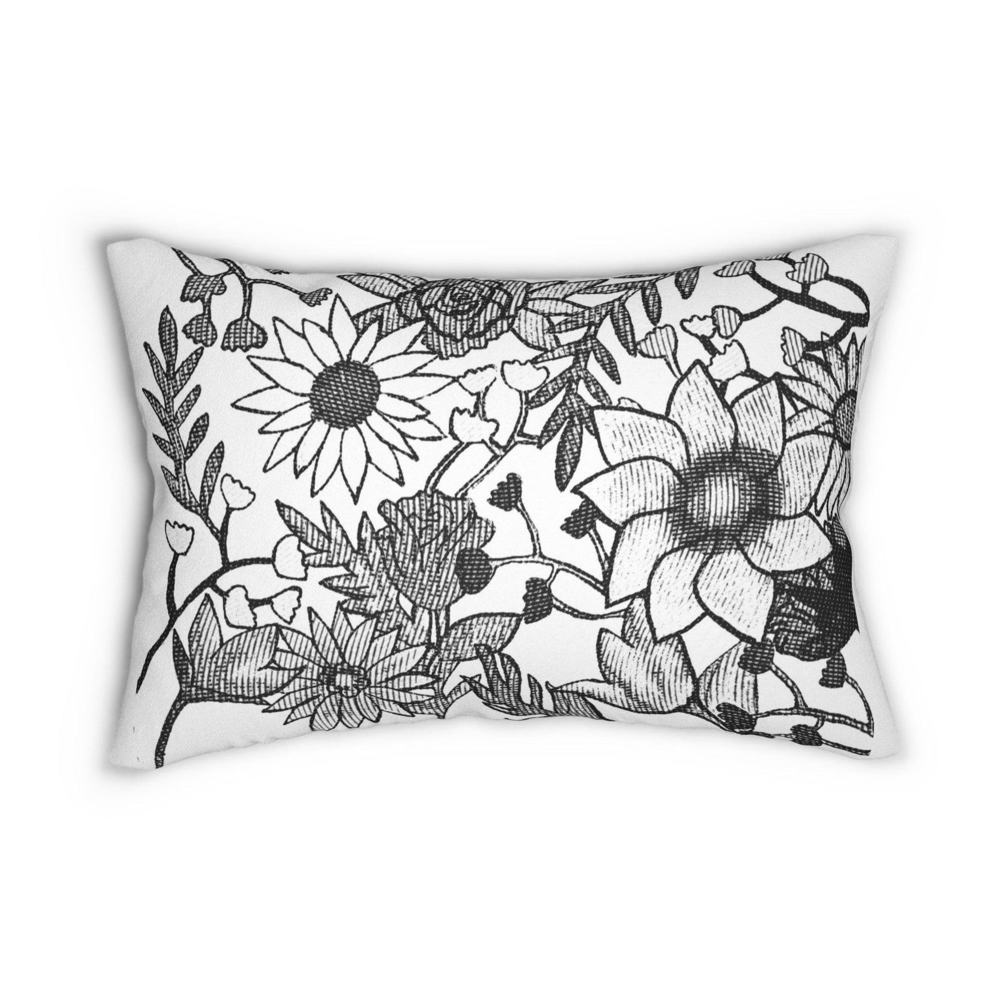 Black and White Elegant Hand Sketched Floral Art Lumbar Pillow