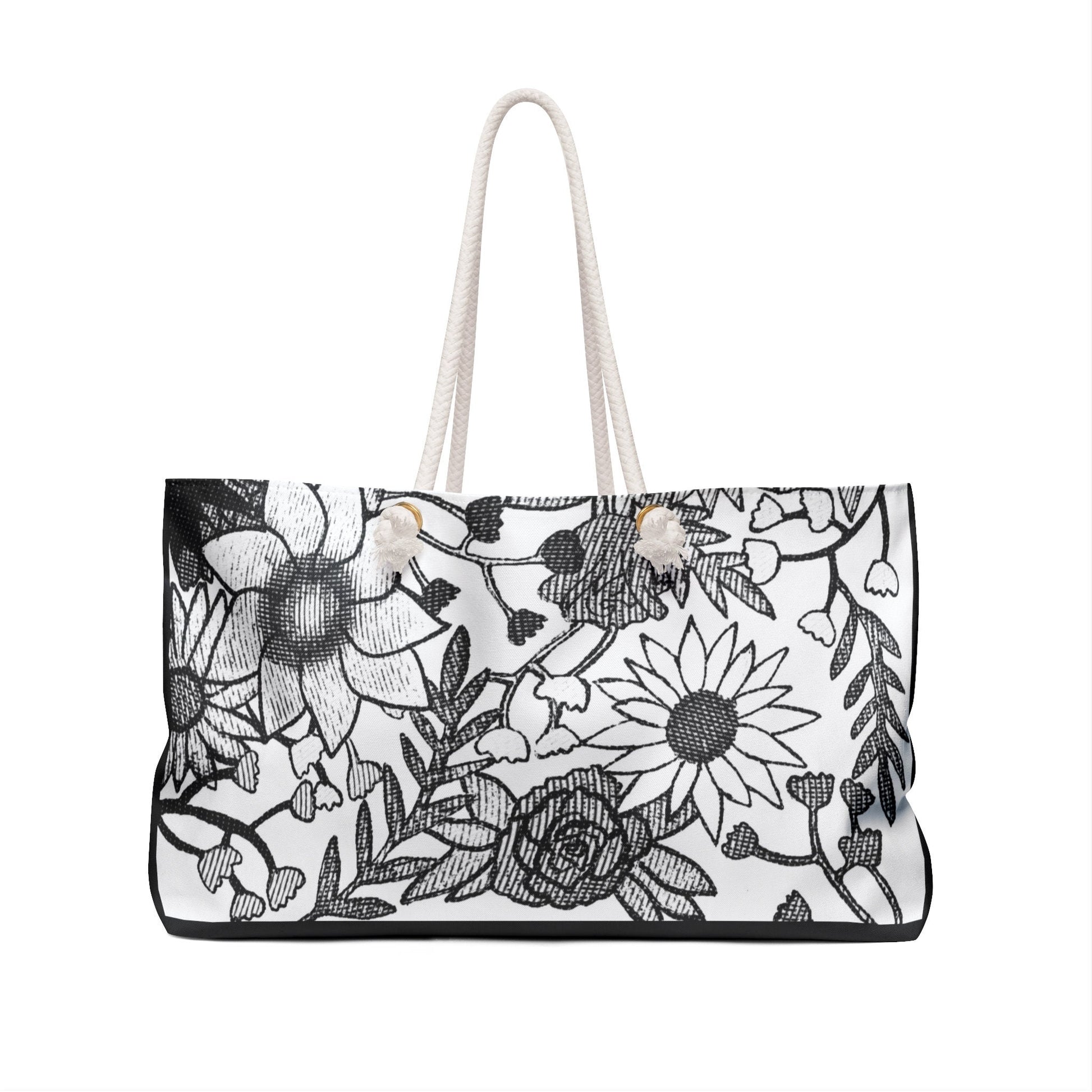 Black and White Hand Drawn Floral Art Weekender Bag