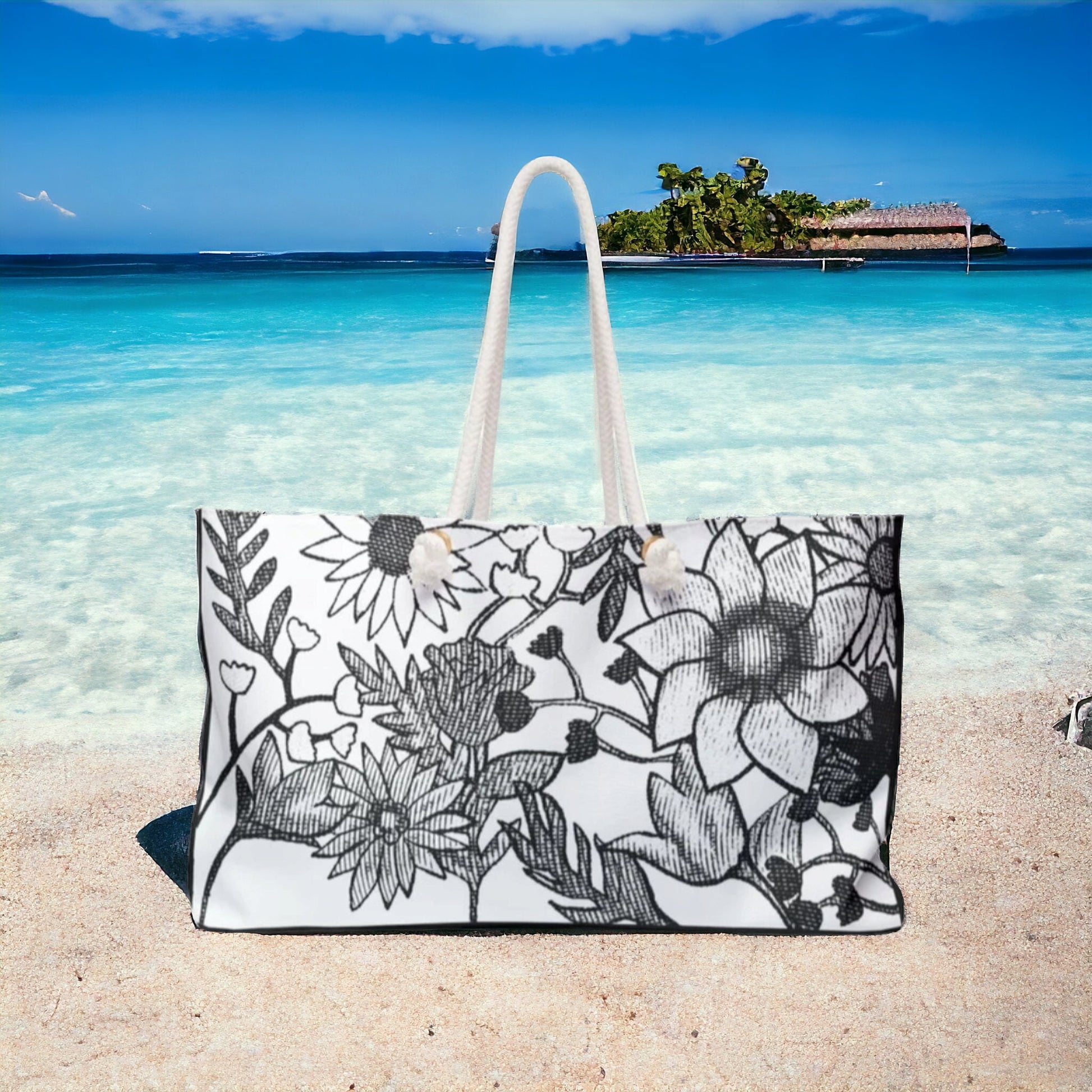 Black and White Hand Drawn Floral Art Weekender Bag