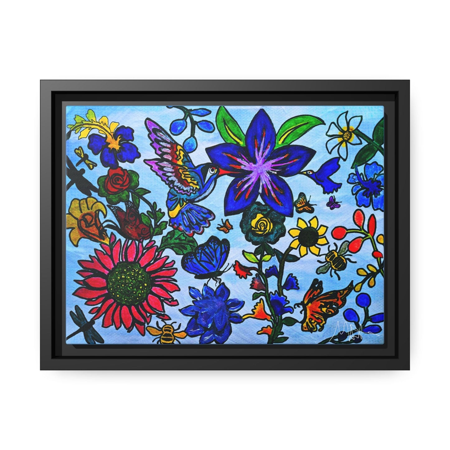 Spring Inspired Handcrafted Wall Art - Blossoming Flowers on Matte Canvas, Black Frame