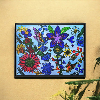 Spring Inspired Handcrafted Wall Art - Blossoming Flowers on Matte Canvas, Black Frame