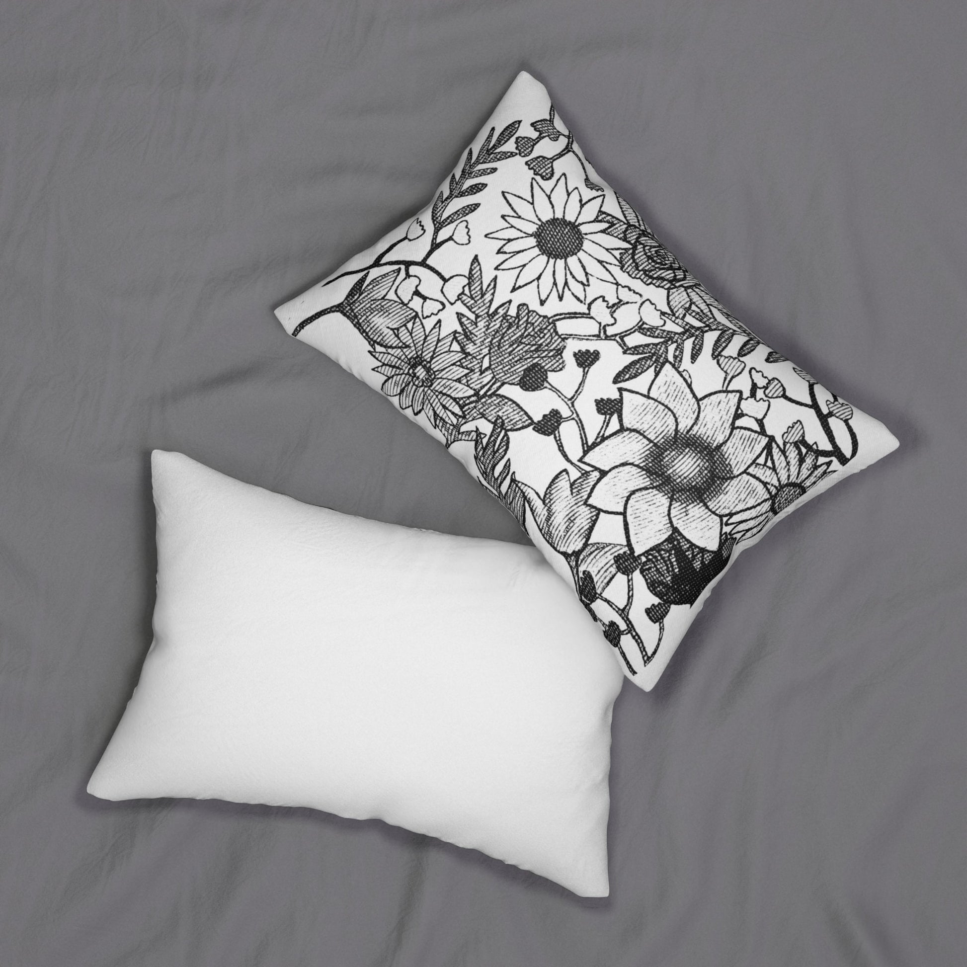 Black and White Elegant Hand Sketched Floral Art Lumbar Pillow