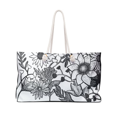 Black and White Hand Drawn Floral Art Weekender Bag