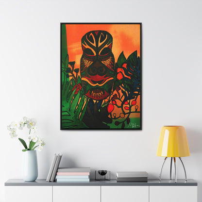 Ethnic Canvas Wall Art - Hand-Drawn Tribal Mask, Exotic Jungle Sunset Decor, Unique Home Accent, Vertical Frame