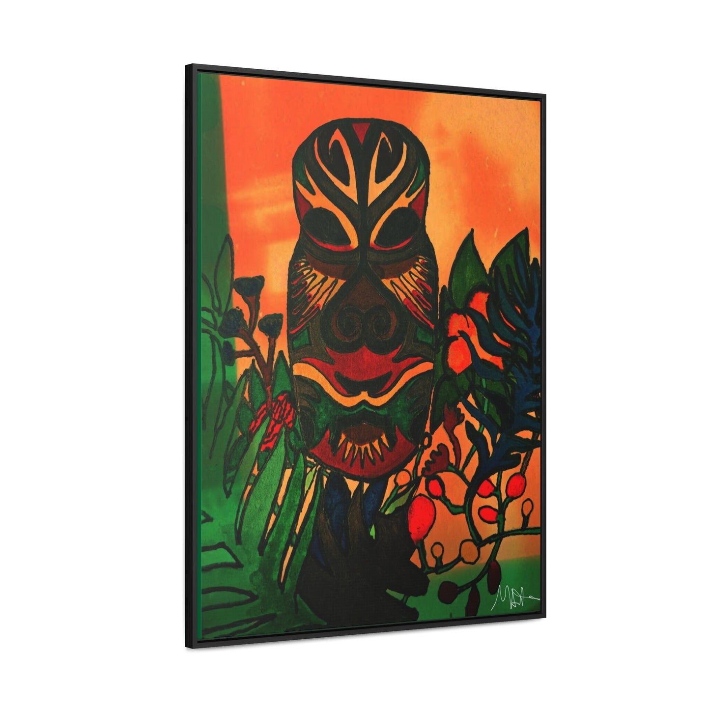 Ethnic Canvas Wall Art - Hand-Drawn Tribal Mask, Exotic Jungle Sunset Decor, Unique Home Accent, Vertical Frame