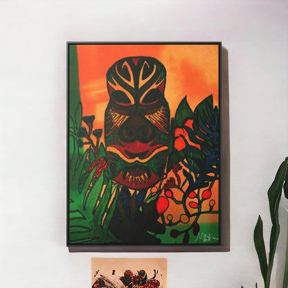 Ethnic Canvas Wall Art - Hand-Drawn Tribal Mask, Exotic Jungle Sunset Decor, Unique Home Accent, Vertical Frame