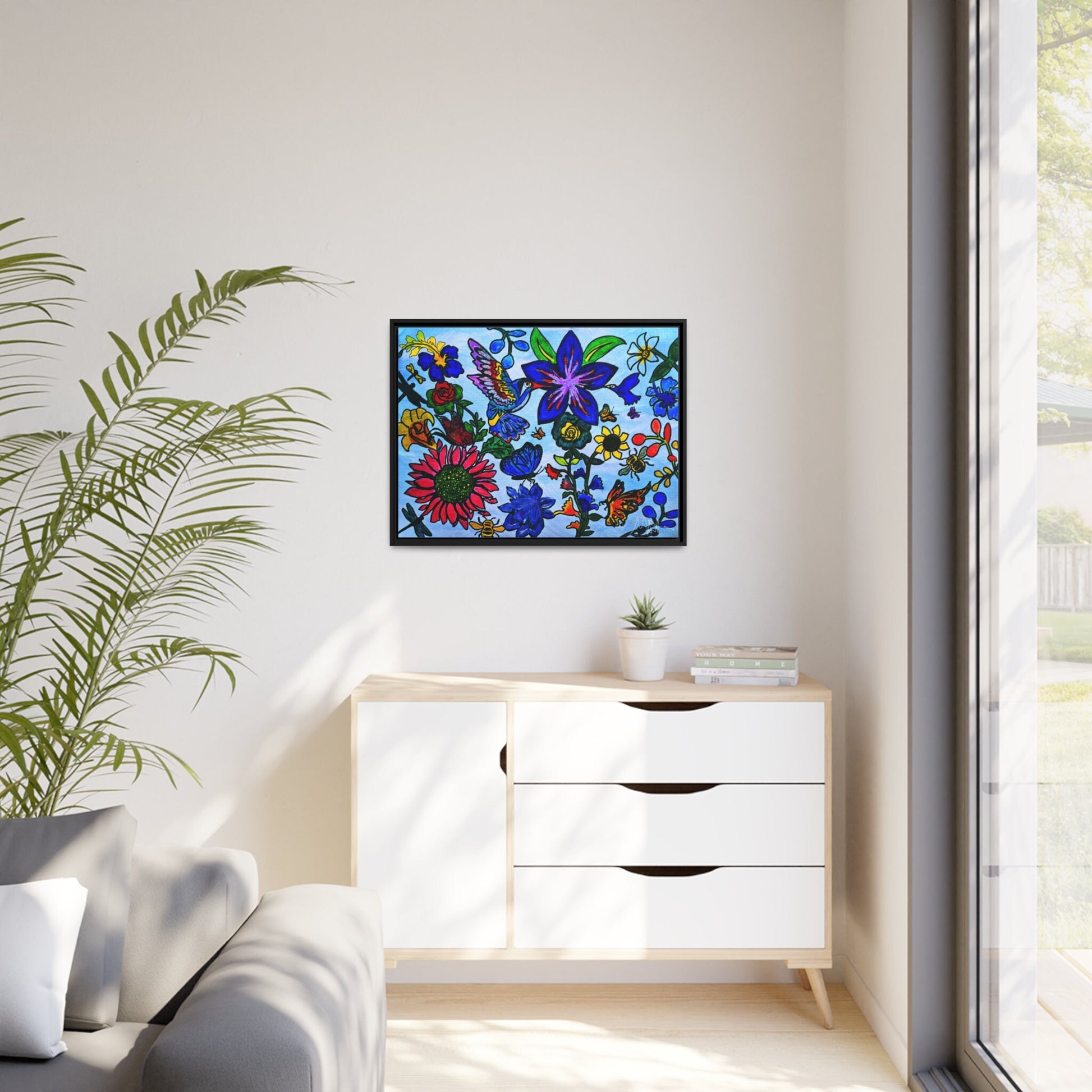 Spring Inspired Handcrafted Wall Art - Blossoming Flowers on Matte Canvas, Black Frame