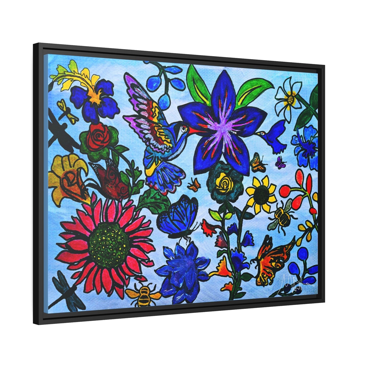 Spring Inspired Handcrafted Wall Art - Blossoming Flowers on Matte Canvas, Black Frame