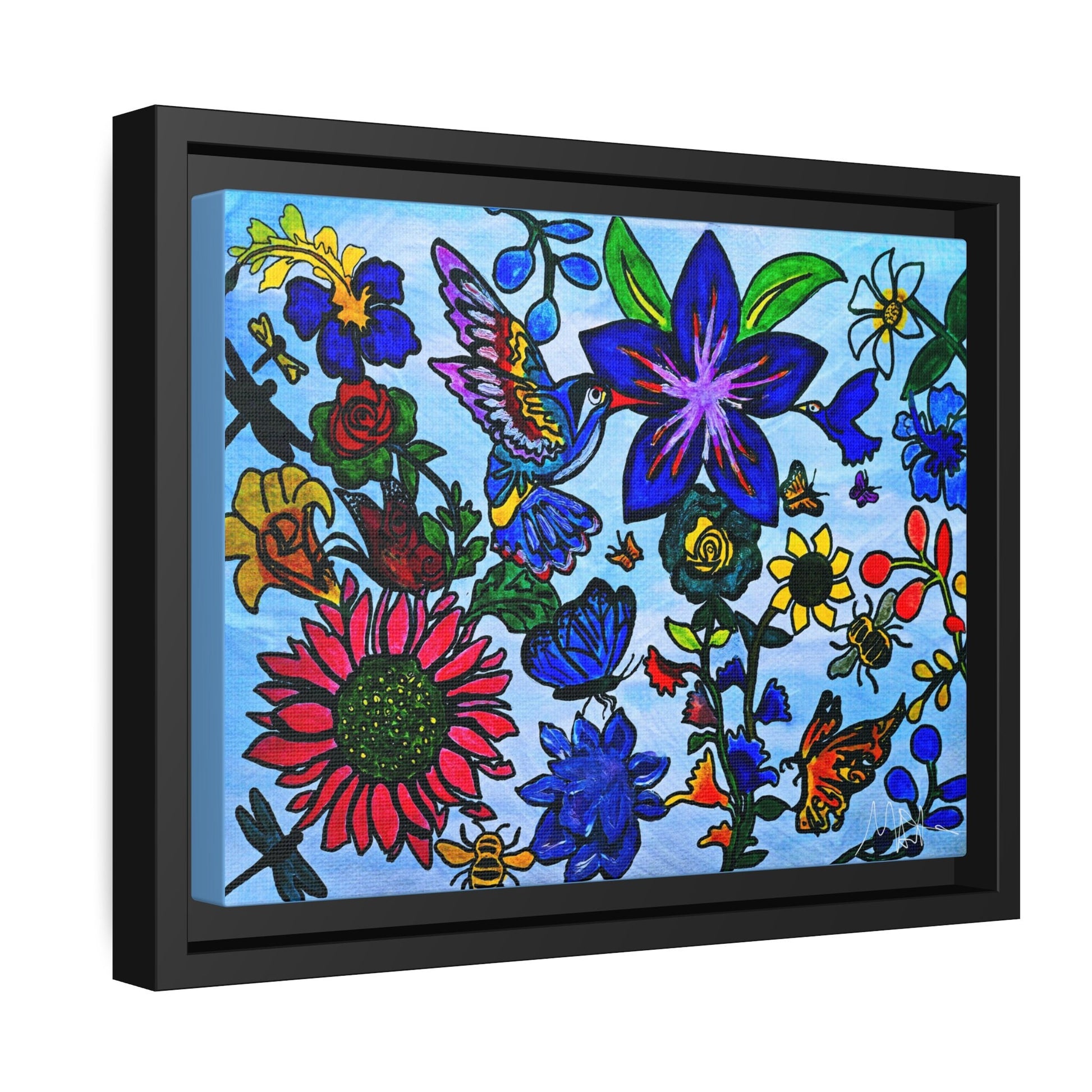 Spring Inspired Handcrafted Wall Art - Blossoming Flowers on Matte Canvas, Black Frame