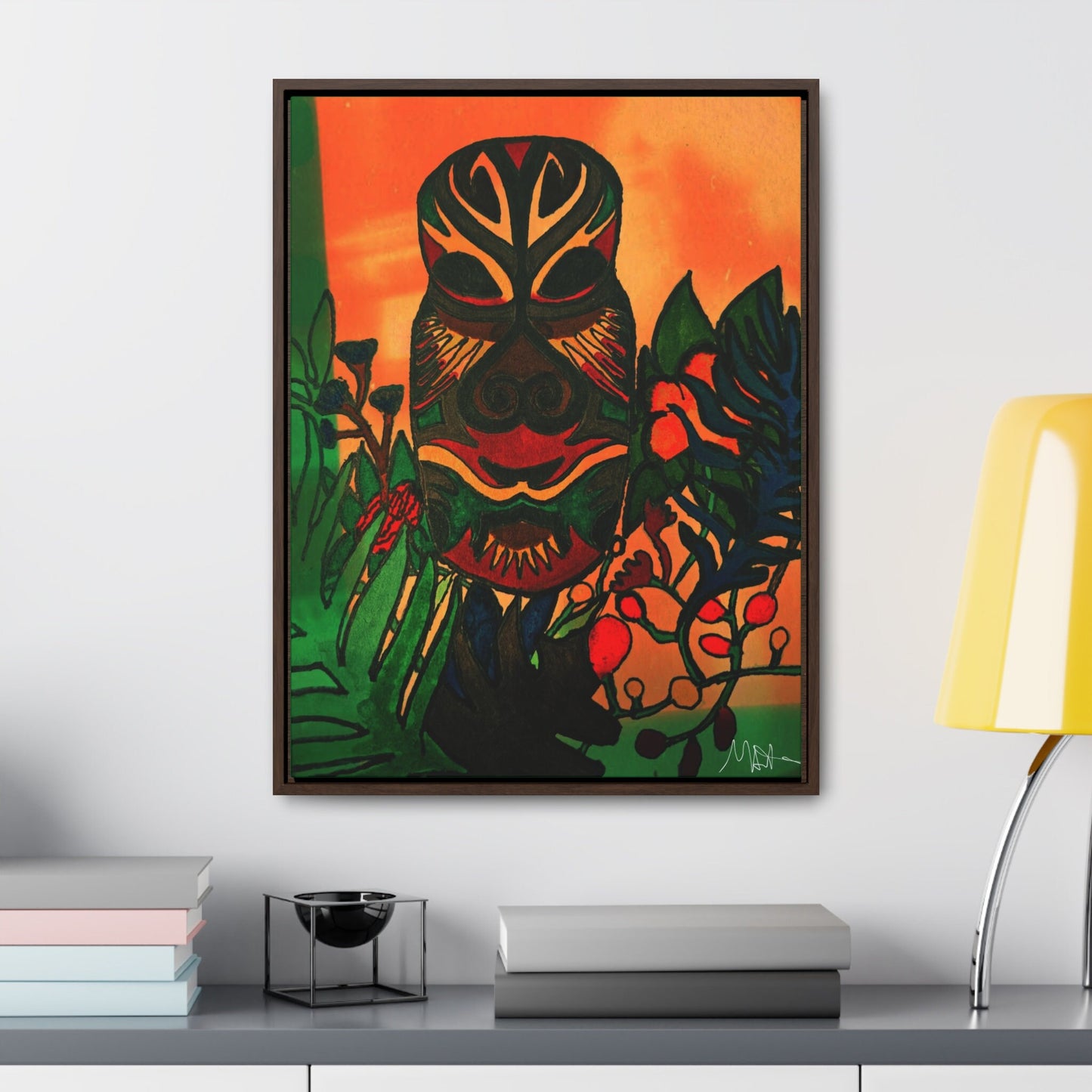 Ethnic Canvas Wall Art - Hand-Drawn Tribal Mask, Exotic Jungle Sunset Decor, Unique Home Accent, Vertical Frame