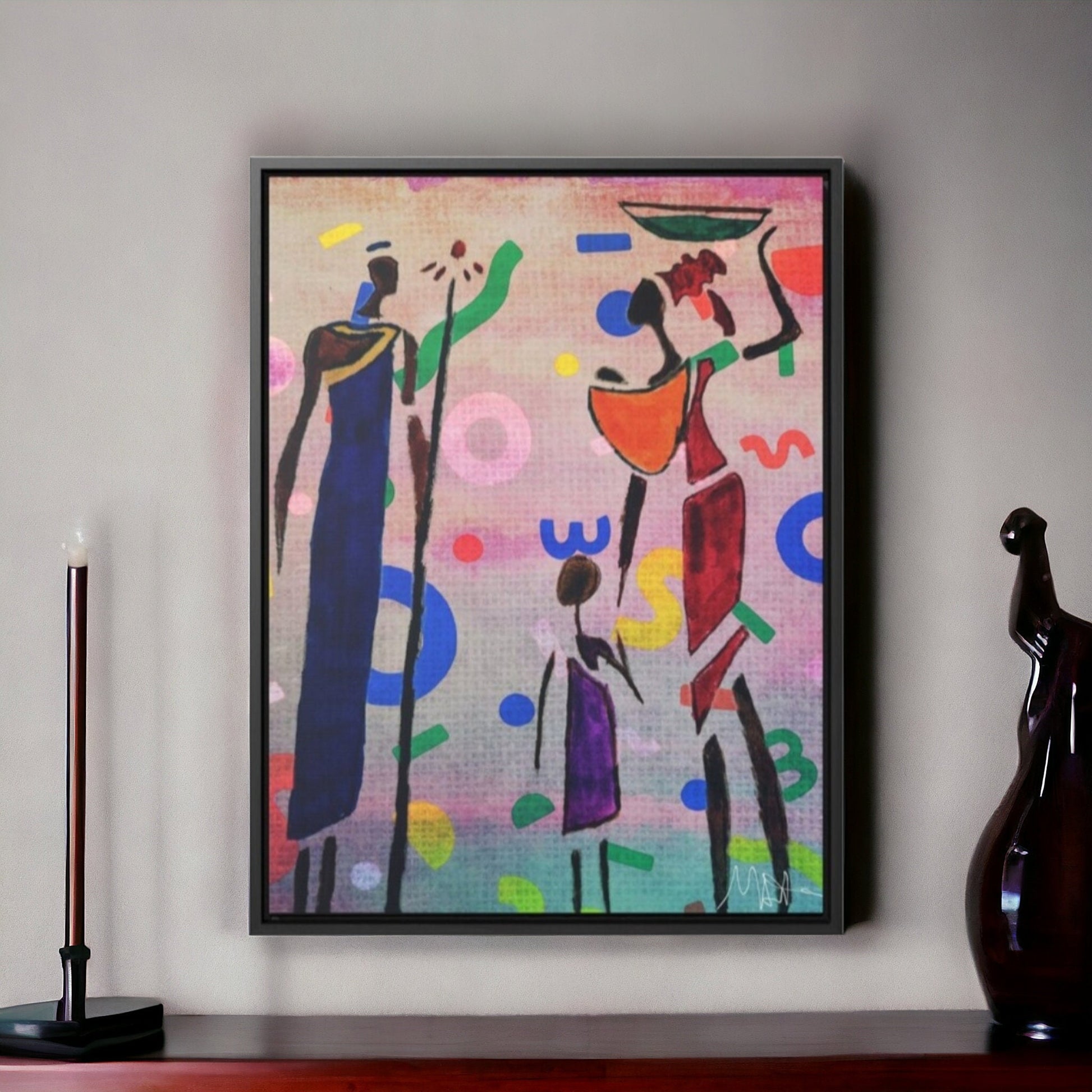 Tribal African Family Sketch - Handcrafted Wall Art, Authentic Home Decoration, Vertical Frame