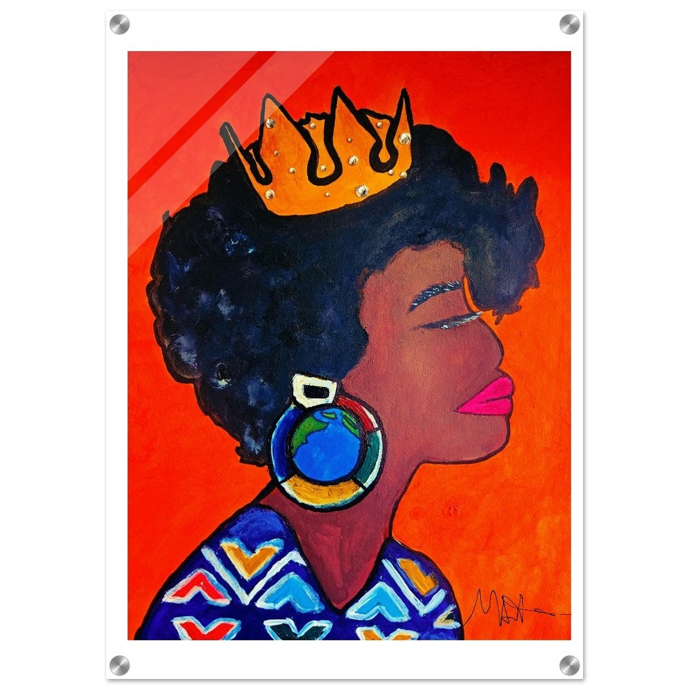 Original Artisan Black Woman Portrait, Elegant Afrocentric Painting, Office Decor