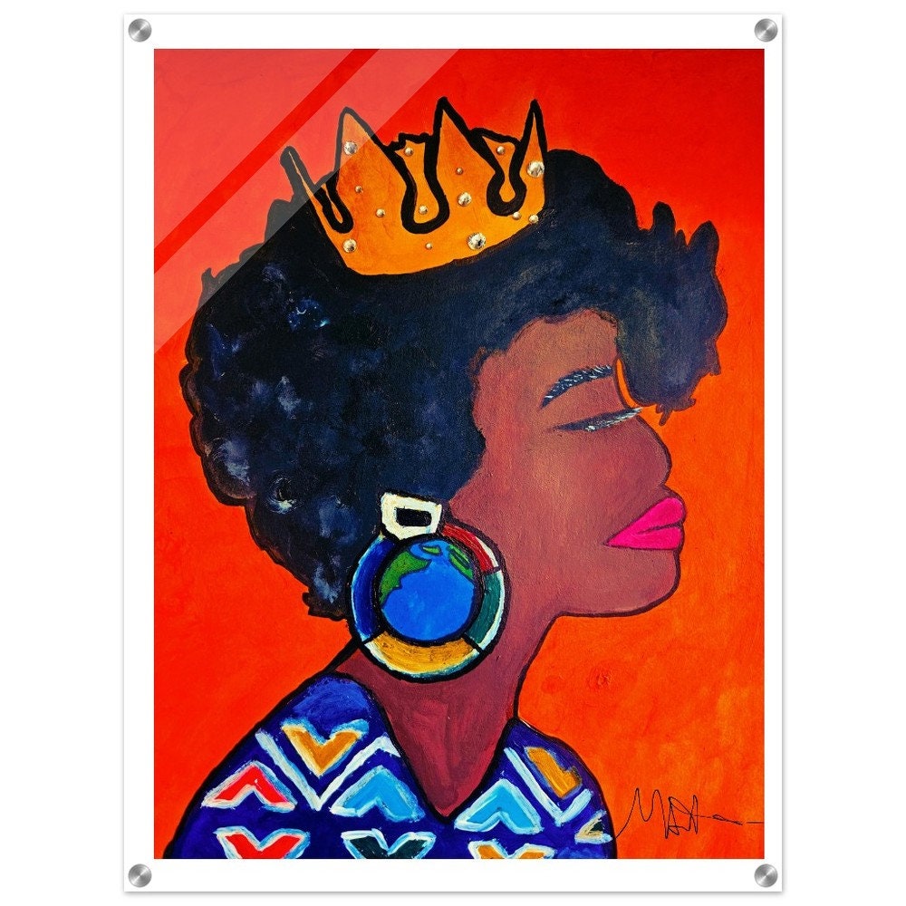 Original Artisan Black Woman Portrait, Elegant Afrocentric Painting, Office Decor