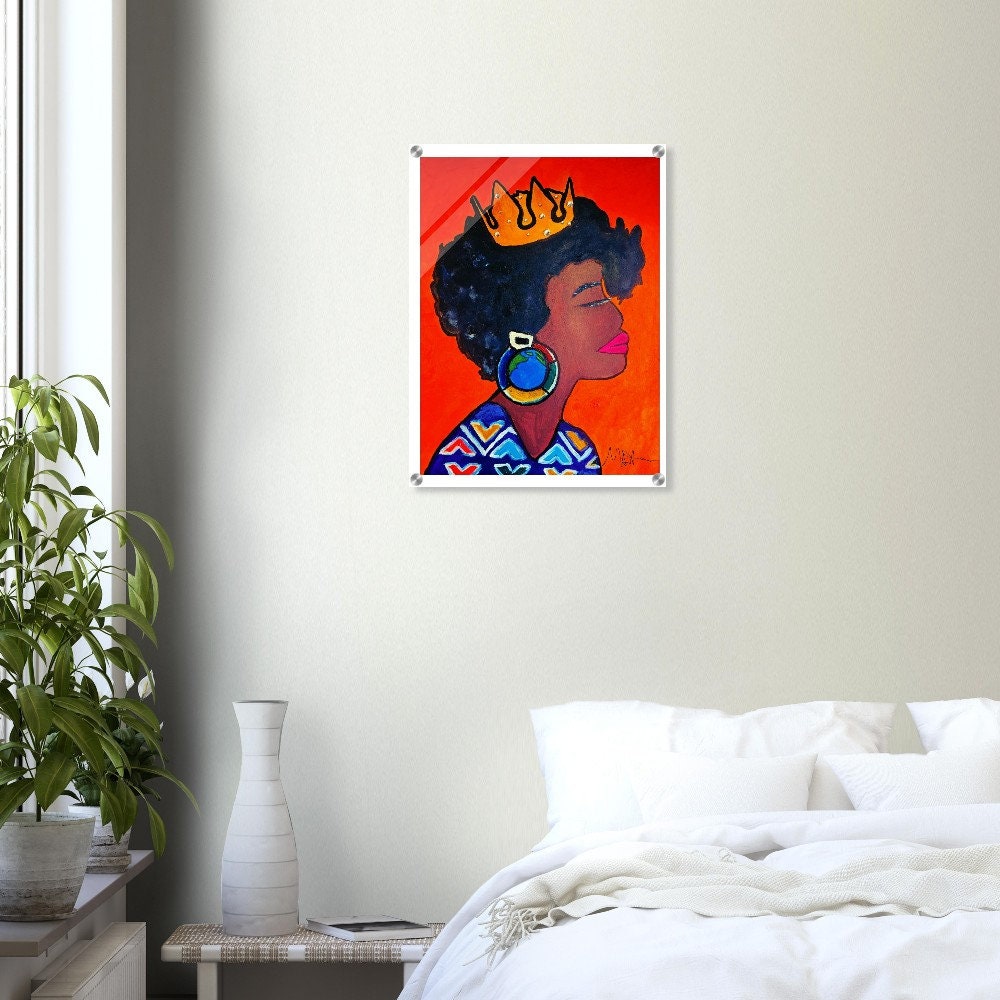 Original Artisan Black Woman Portrait, Elegant Afrocentric Painting, Office Decor