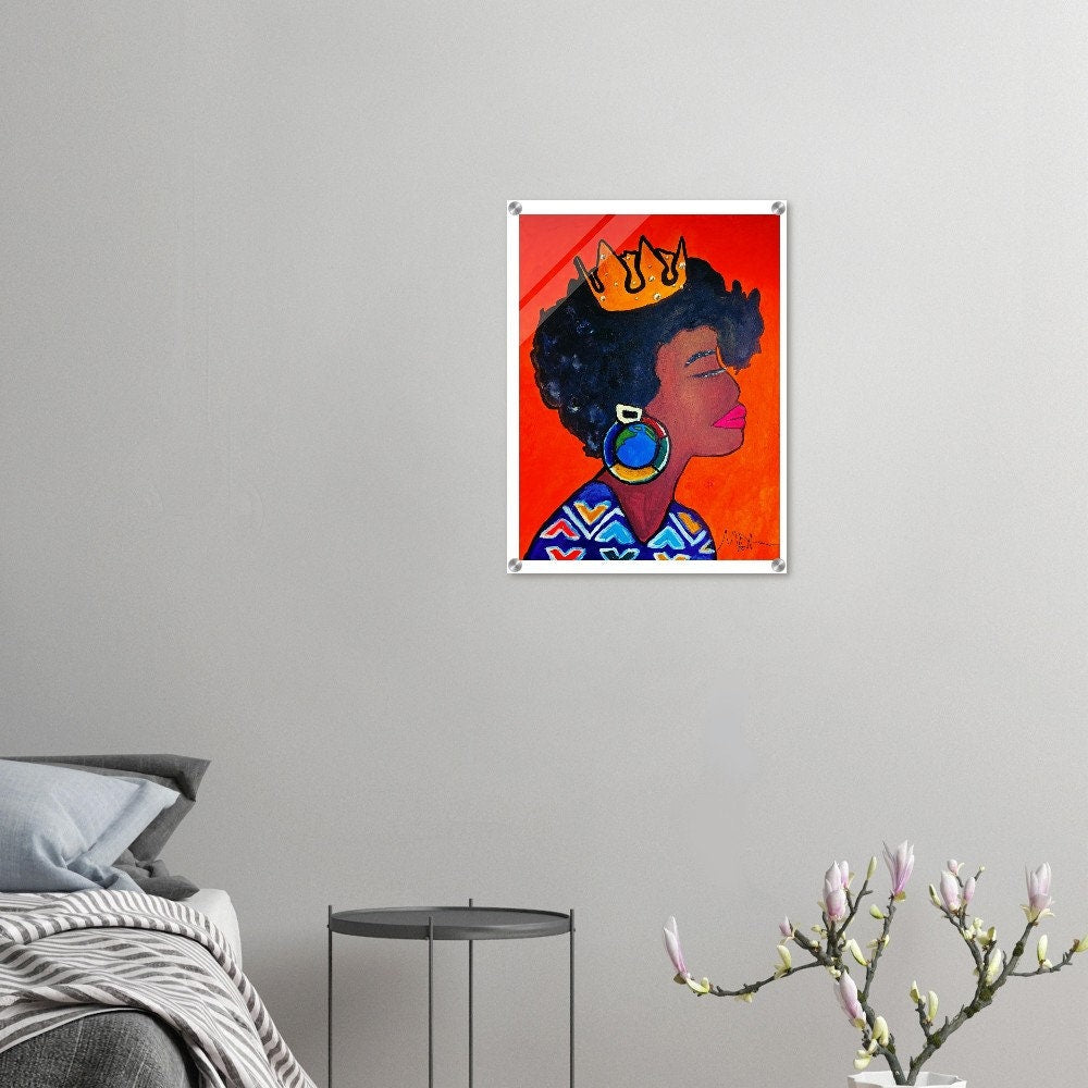 Original Artisan Black Woman Portrait, Elegant Afrocentric Painting, Office Decor