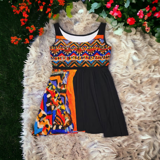 Boho Chic Handcrafted Women's Skater Dress – Tribal-Inspired Textile, Versatile Fashion – Ideal Birthday Present