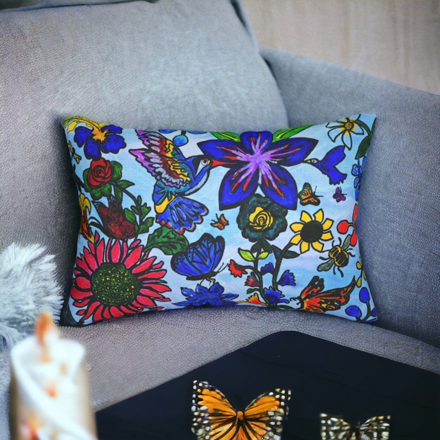 Artisanal Lumbar Pillow with Spring Florals - Elegant Spun Polyester Cushion for Sofa Accent