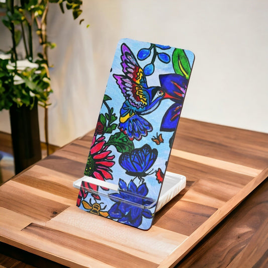 Mobile Display Stand with Handcrafted Spring Floral Artwork, Artisan Phone Holder, Perfect for Desk Decor & Tech Lover Gifts