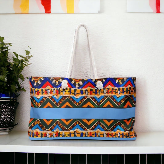 Artisanal Aztec Weekender Tote - Large, Sturdy Beach Bag with Thick Rope Handles