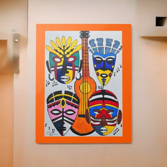 Eclectic Tribal Masks Wall Art -Colorful Handcrafted Music-Inspired Metal Painting, Cultural Home Accent, Unique Ethnic House-warming Gift