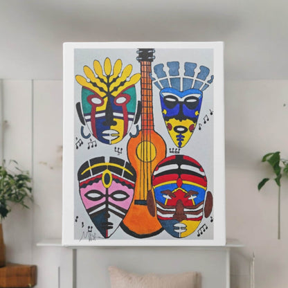 Eclectic Tribal Masks Wall Art - Colorful Handcrafted Music-Inspired Canvas Painting, Cultural Home Accent, Unique Ethnic House-warming Gift