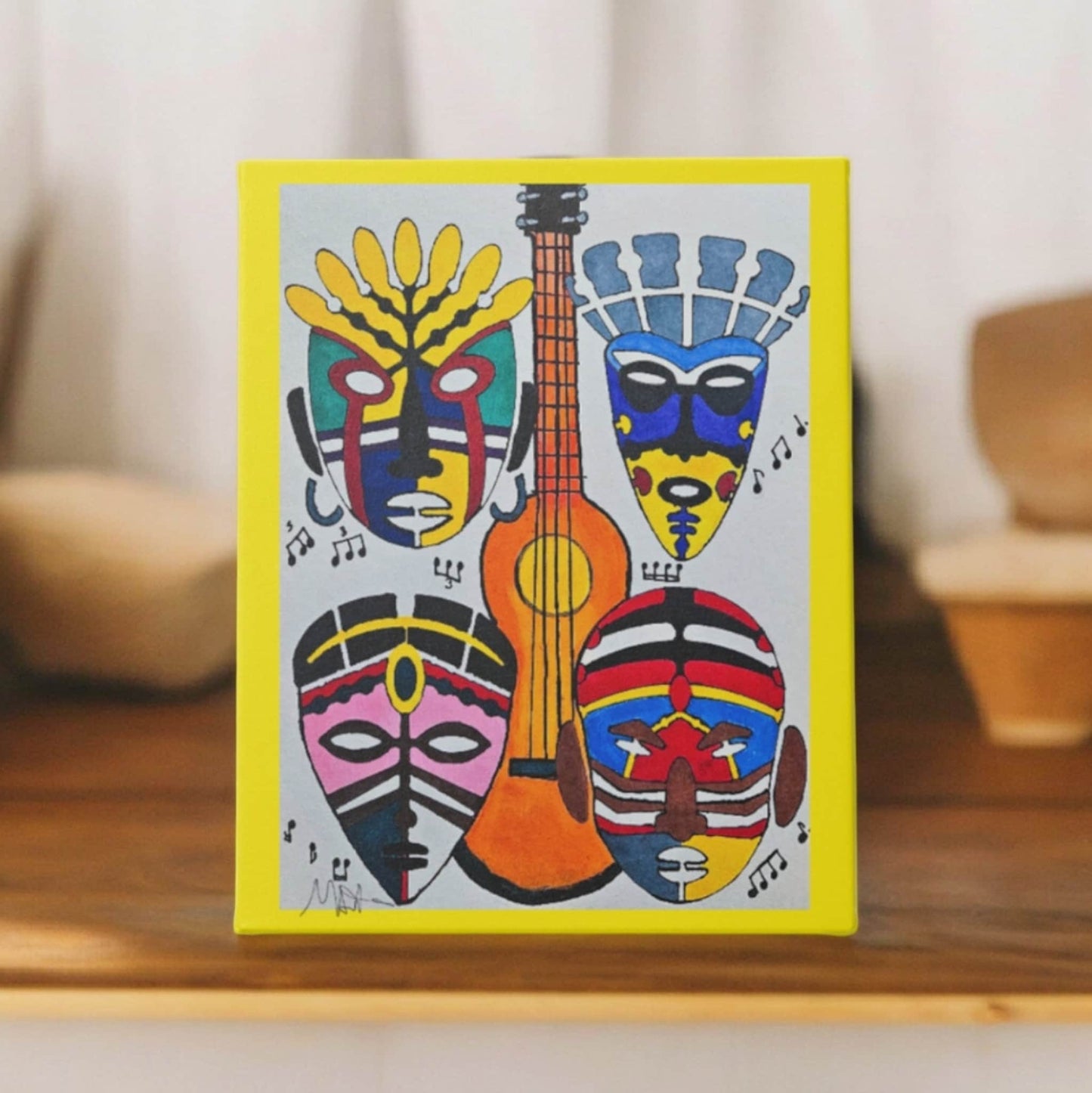 Eclectic Tribal Masks Wall Art - Colorful Handcrafted Music-Inspired Canvas Painting, Cultural Home Accent, Unique Ethnic House-warming Gift