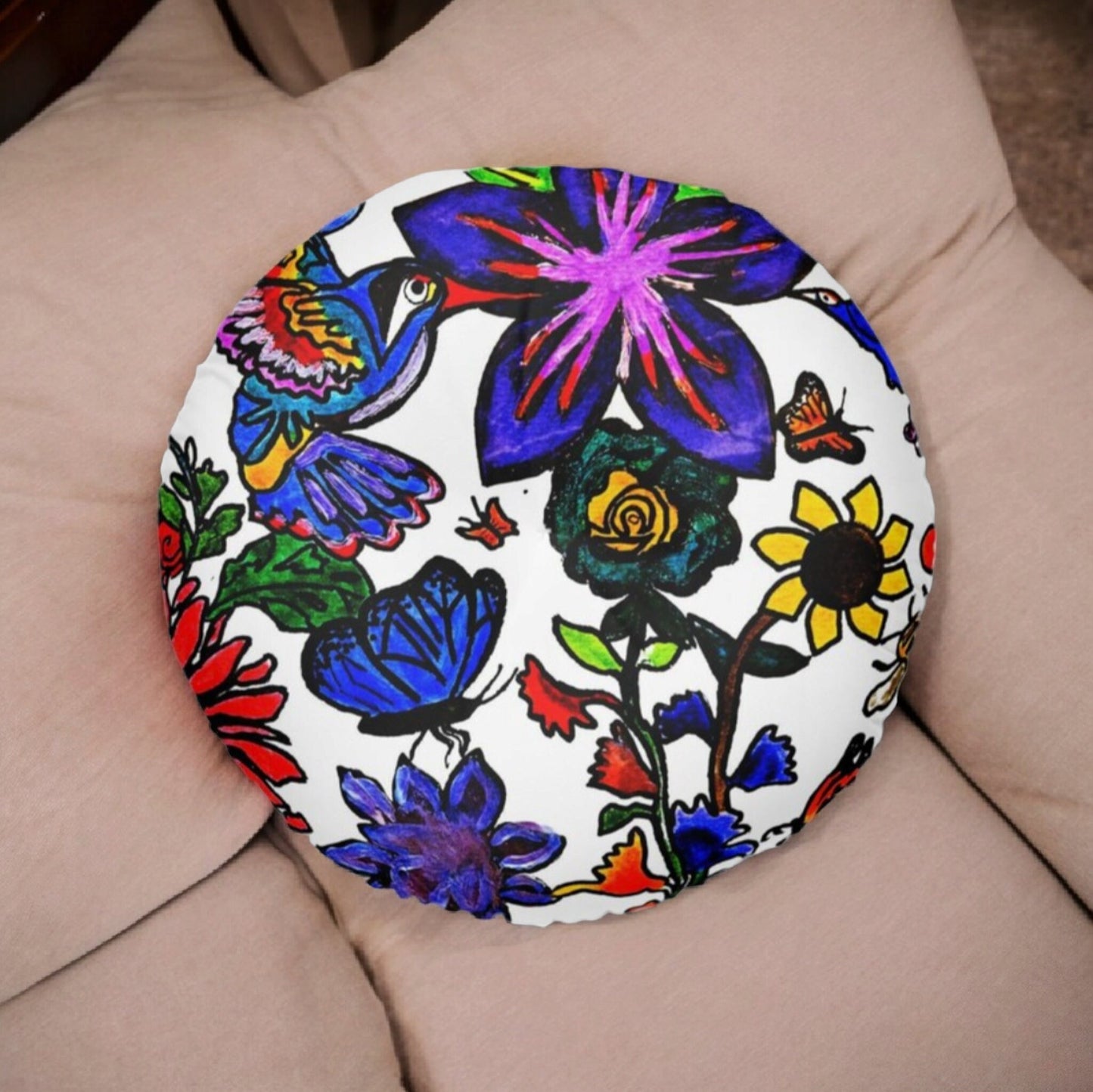 Colorful Round Tufted Floor Pillow with Hand Drawn Botanicals- Soft Accent Piece