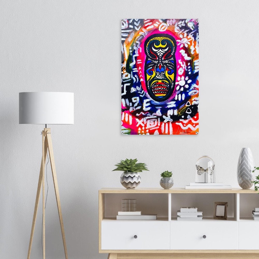 Vibrant Tribal Mask Painting, Acrylic Print - Authentic Handcrafted Decor