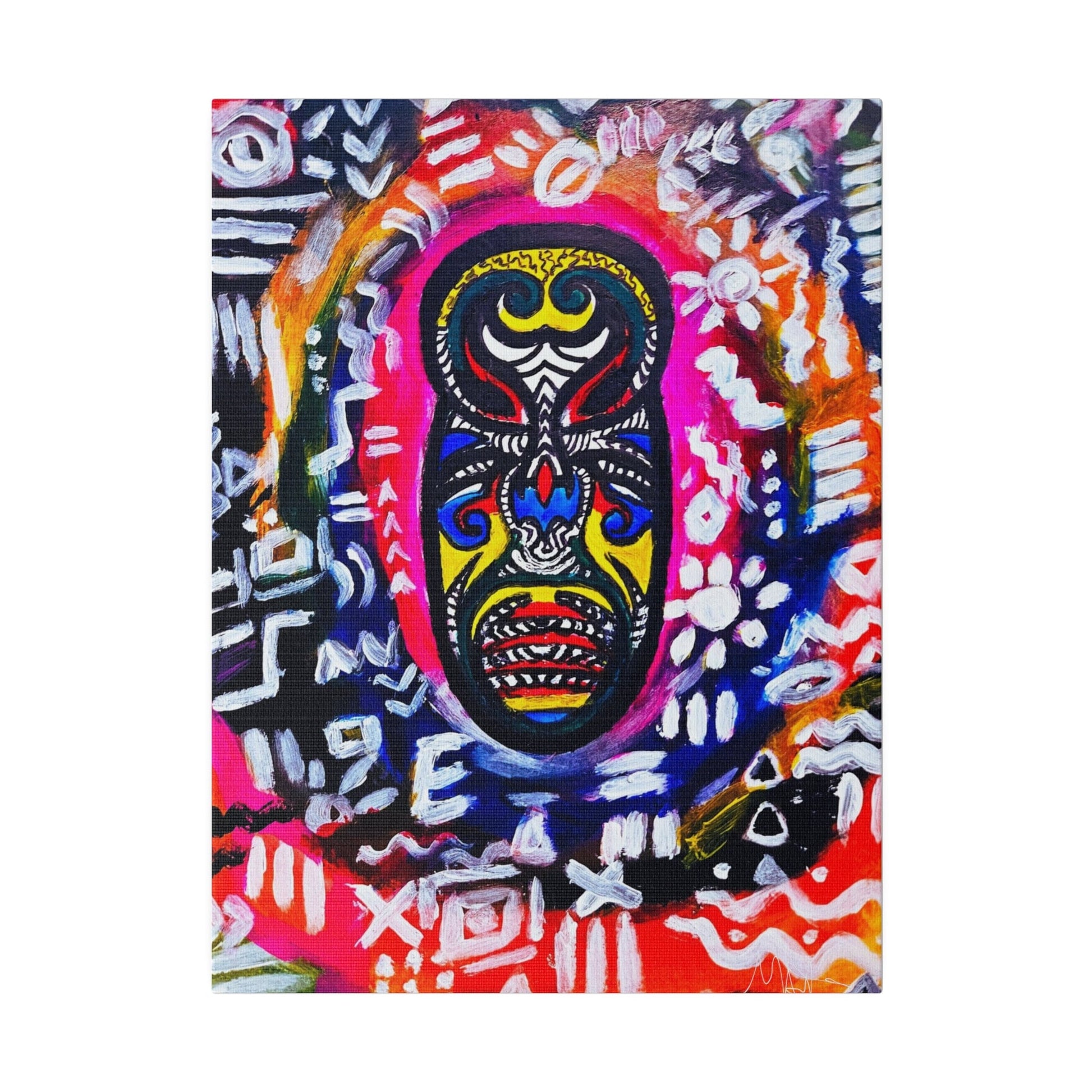 Artisan Tribal Mask Painting on Matte Stretched Canvas, Eco-Friendly Wall Art for Home Decor