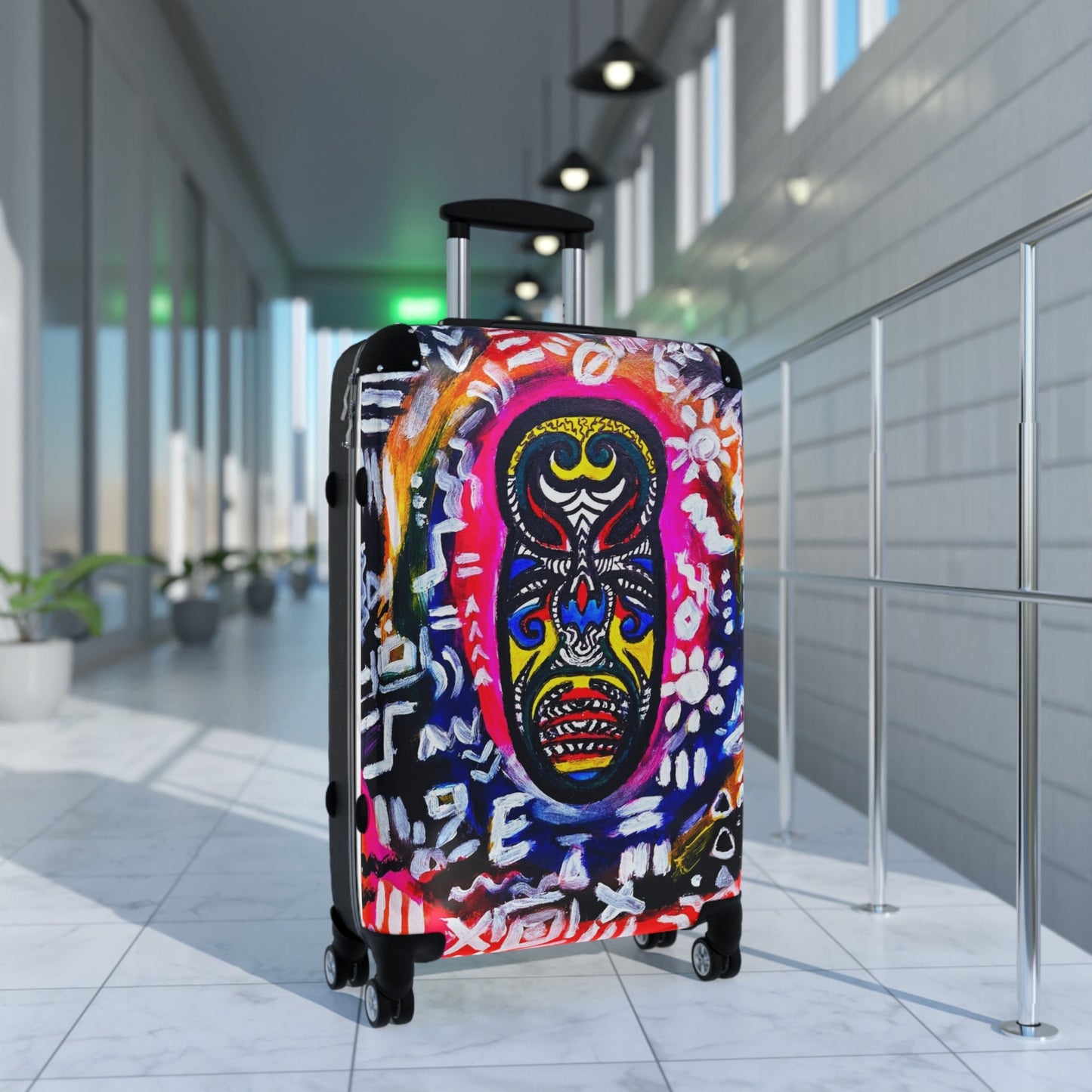 Multi-Size Tribal Mask Suitcase - Eye-Catching Design, Adjustable Handle, Smooth 360 Wheels