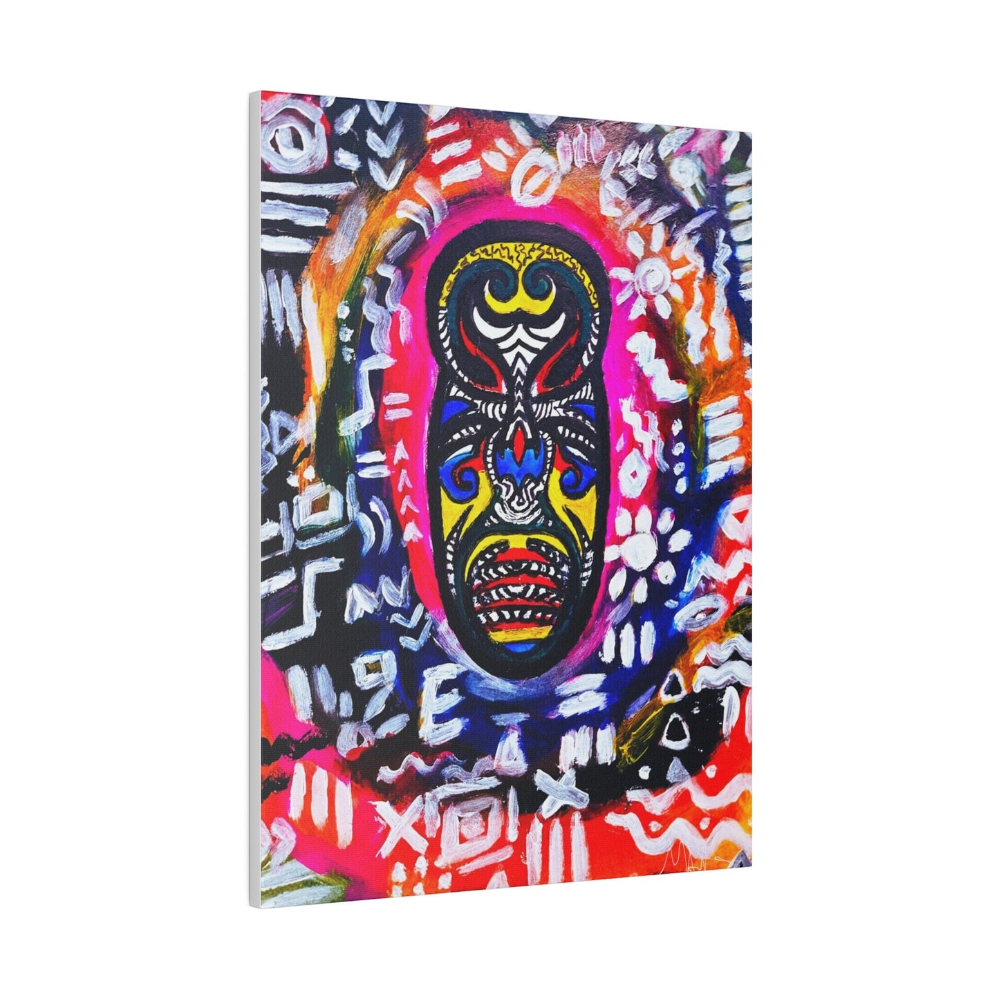 Artisan Tribal Mask Painting on Matte Stretched Canvas, Eco-Friendly Wall Art for Home Decor