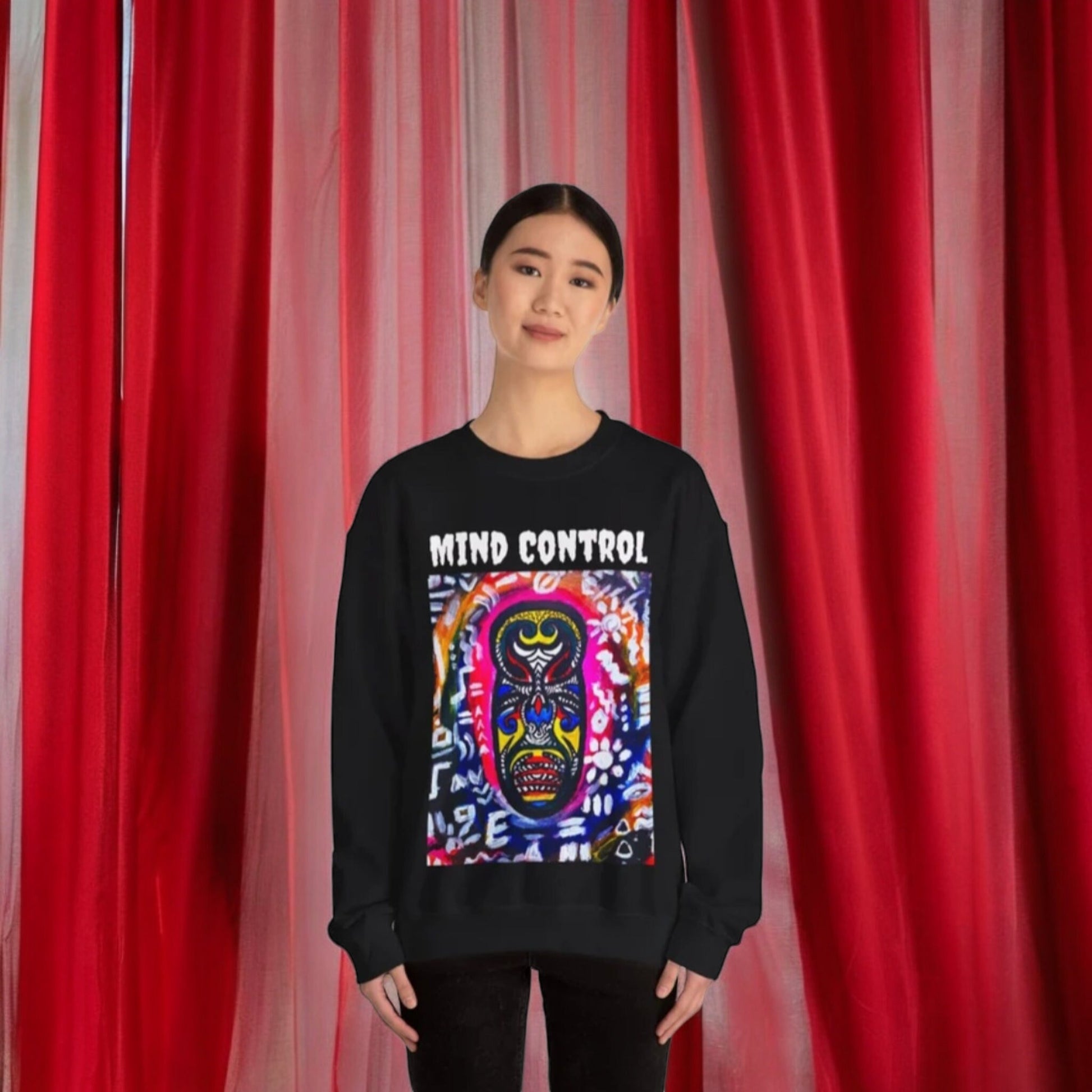 Tribal Mask Unisex Heavy Blend Crewneck Sweatshirt, Unique Quote on Back, Casual Wear, Artistic Gift, Ethically Made