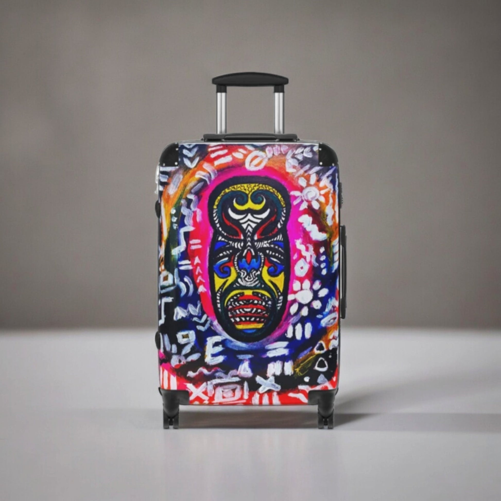 Multi-Size Tribal Mask Suitcase - Eye-Catching Design, Adjustable Handle, Smooth 360 Wheels