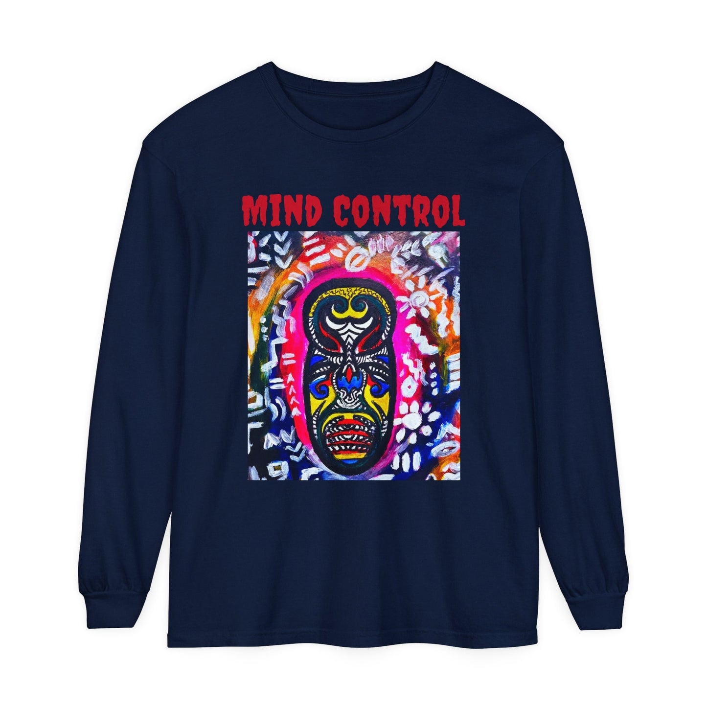 Relaxed Fit Long Sleeve T-Shirt with Handcrafted Tribal Mask Design