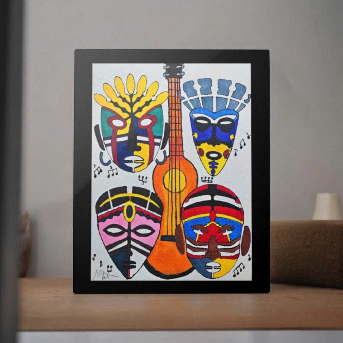 Eclectic Tribal Masks Wall Art -Colorful Handcrafted Music-Inspired Metal Painting, Cultural Home Accent, Unique Ethnic House-warming Gift