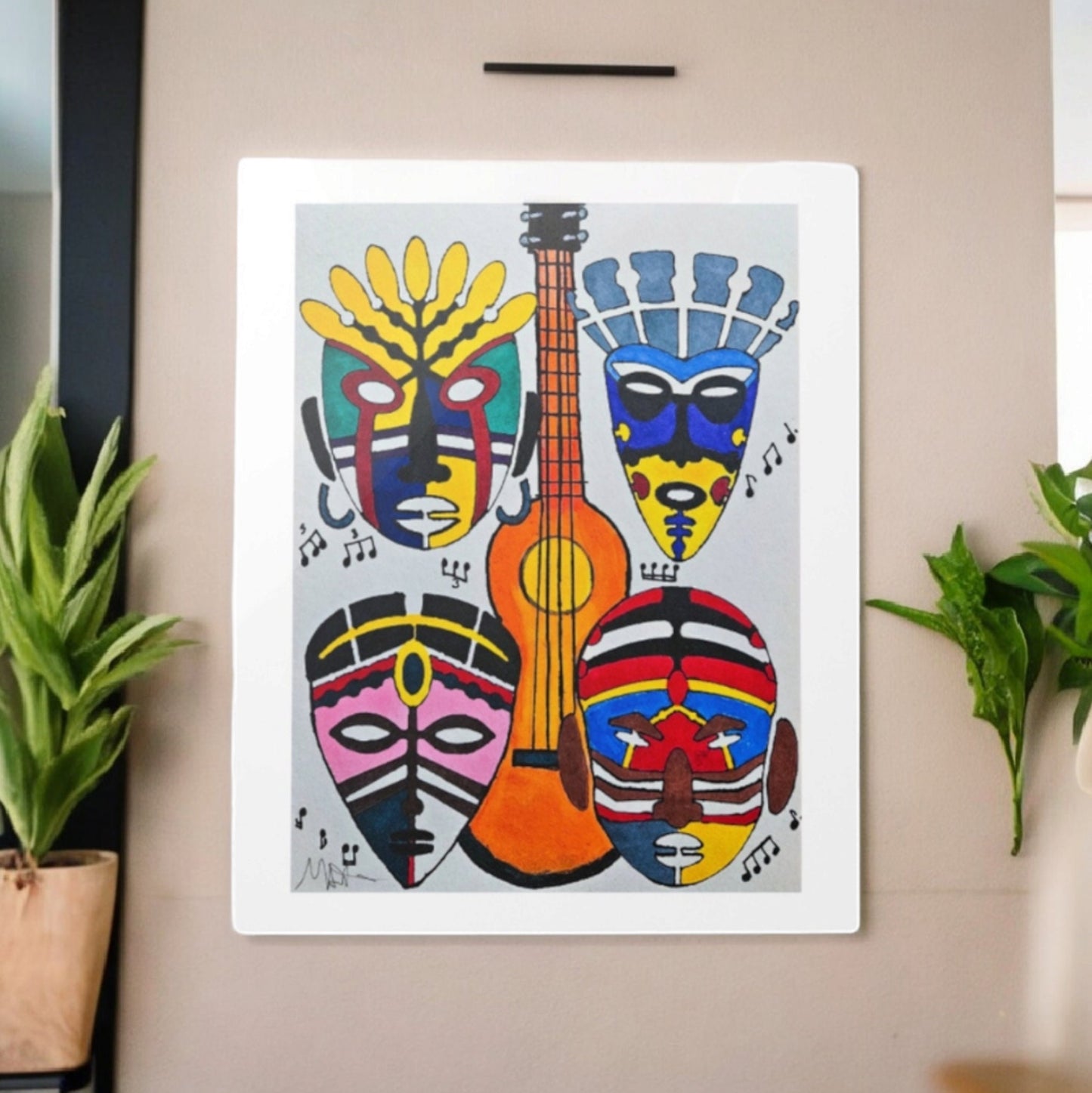 Eclectic Tribal Masks Wall Art -Colorful Handcrafted Music-Inspired Metal Painting, Cultural Home Accent, Unique Ethnic House-warming Gift