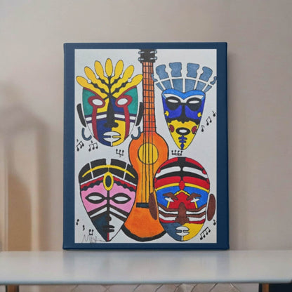 Eclectic Tribal Masks Wall Art - Colorful Handcrafted Music-Inspired Canvas Painting, Cultural Home Accent, Unique Ethnic House-warming Gift