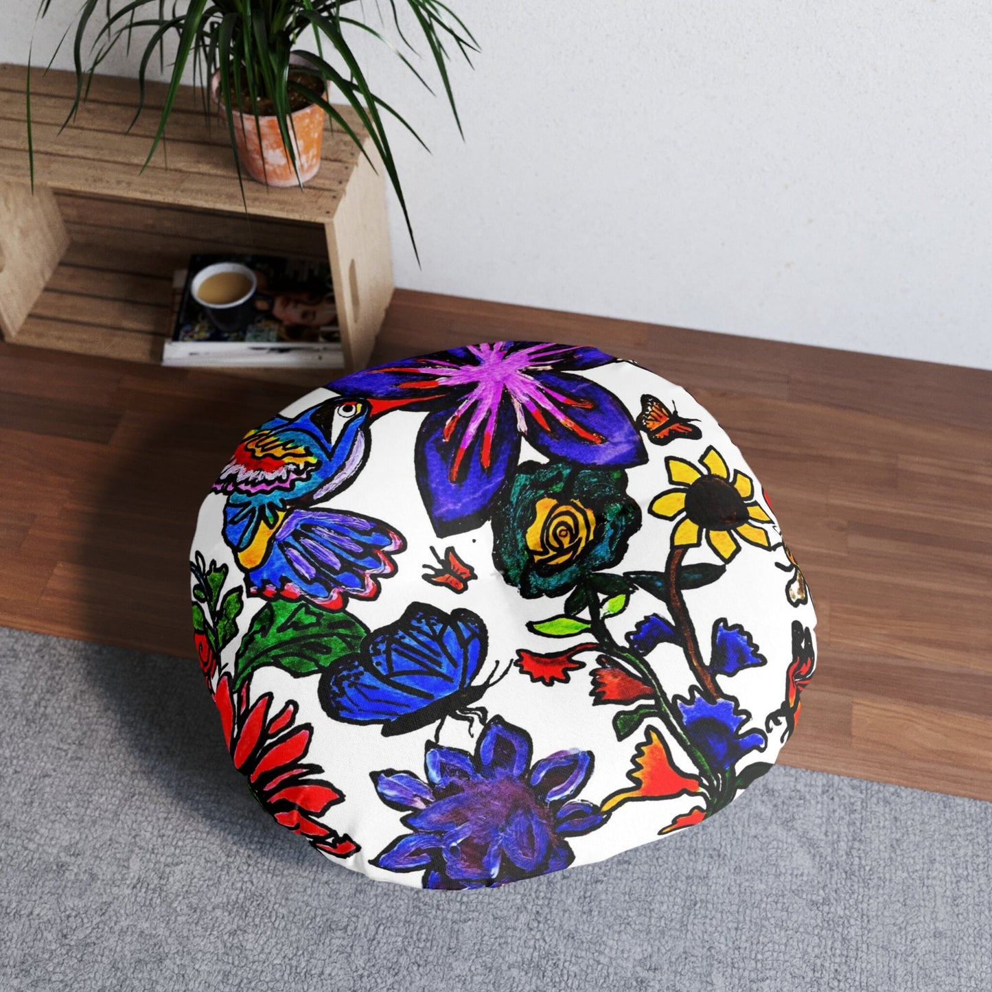 Colorful Round Tufted Floor Pillow with Hand Drawn Botanicals- Soft Accent Piece