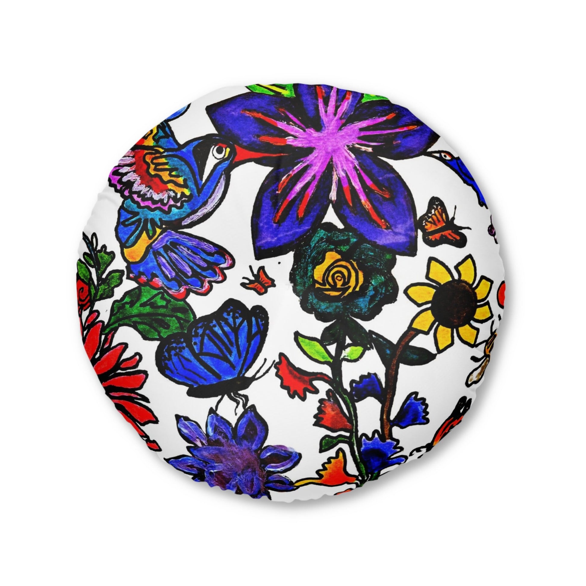 Colorful Round Tufted Floor Pillow with Hand Drawn Botanicals- Soft Accent Piece