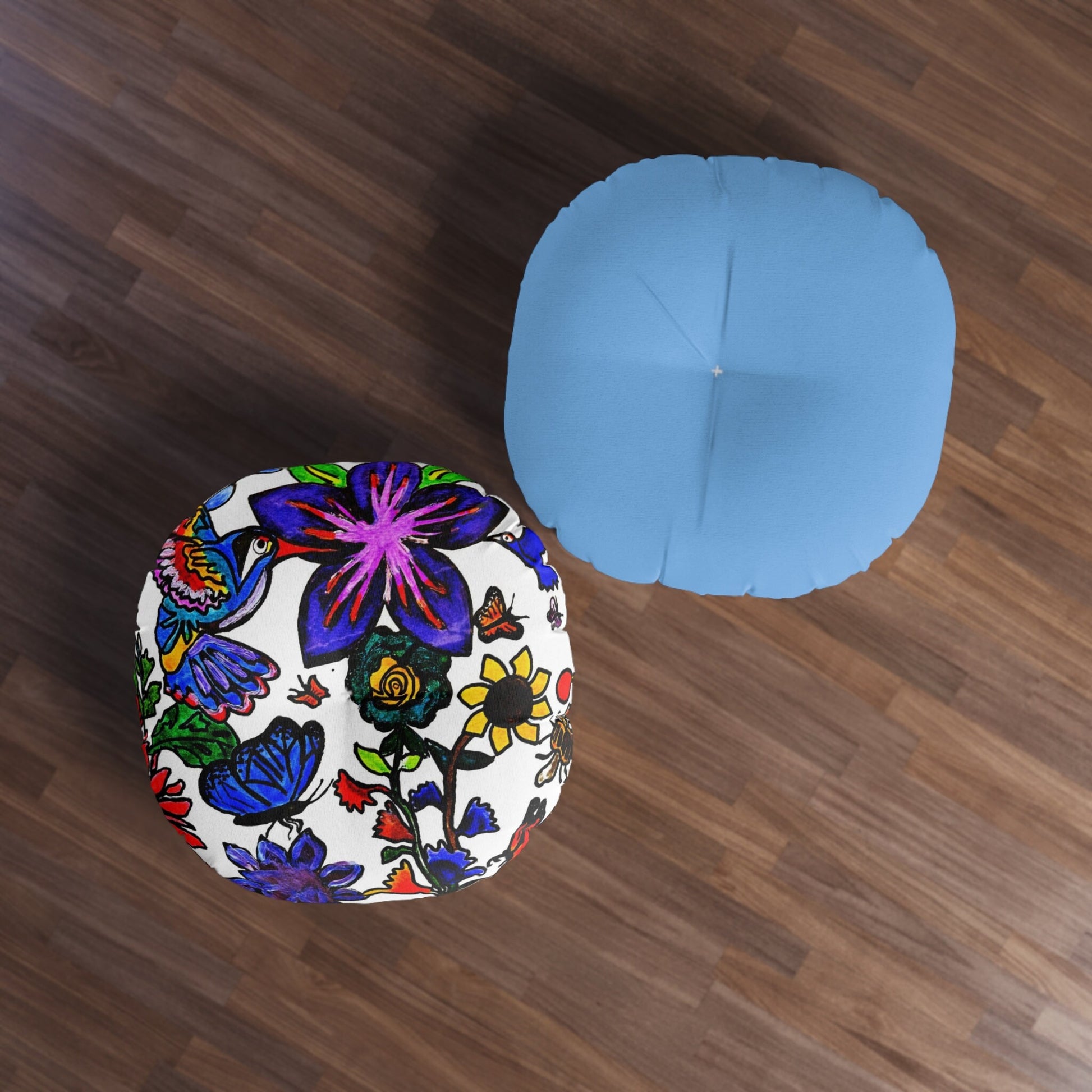 Colorful Round Tufted Floor Pillow with Hand Drawn Botanicals- Soft Accent Piece