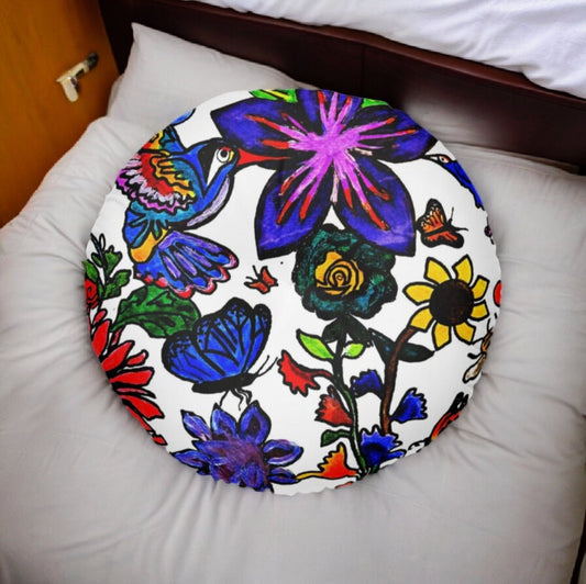 Colorful Round Tufted Floor Pillow with Hand Drawn Botanicals- Soft Accent Piece