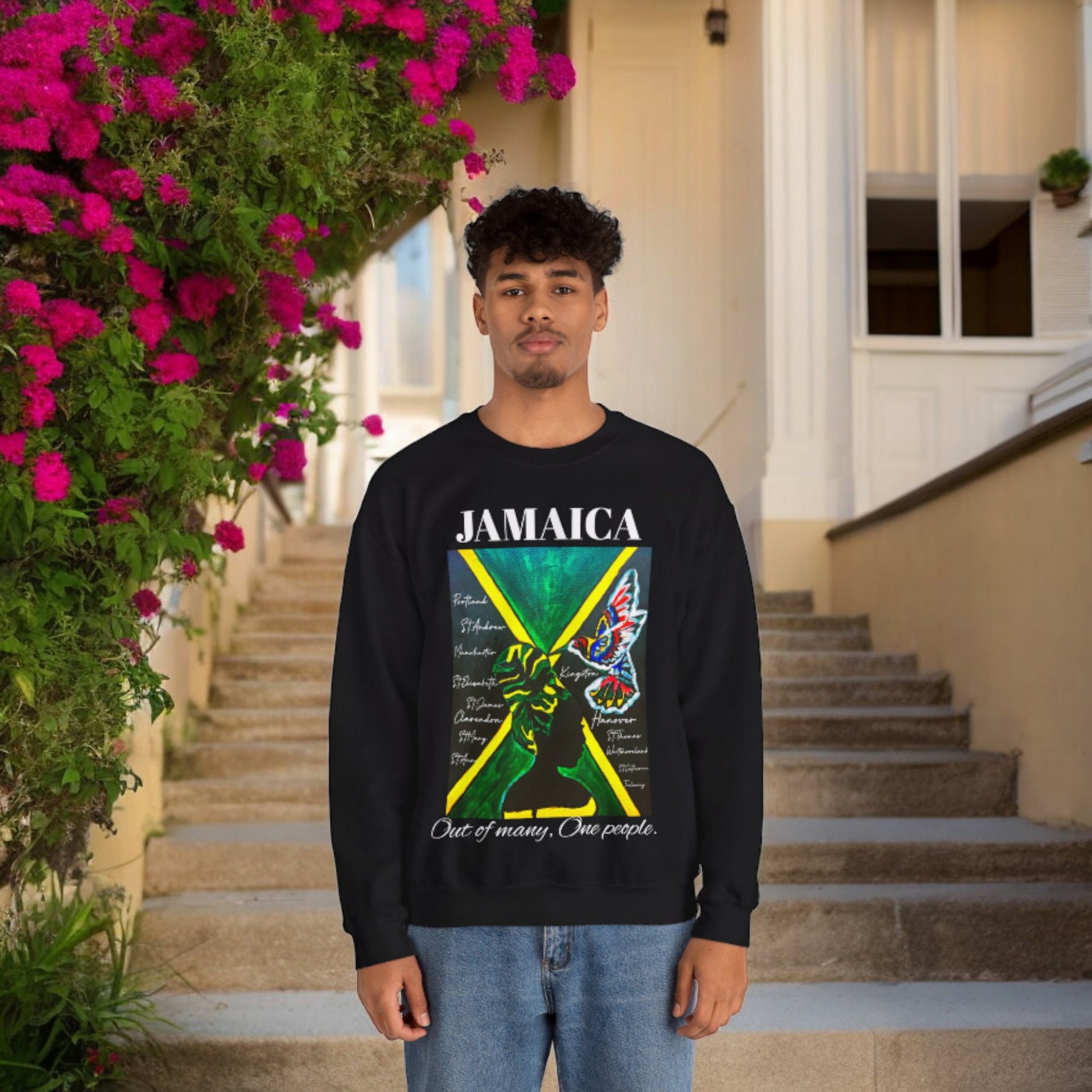 Handcrafted Graphic Sweatshirt featuring Jamaican Flag Art, Cozy Crewneck