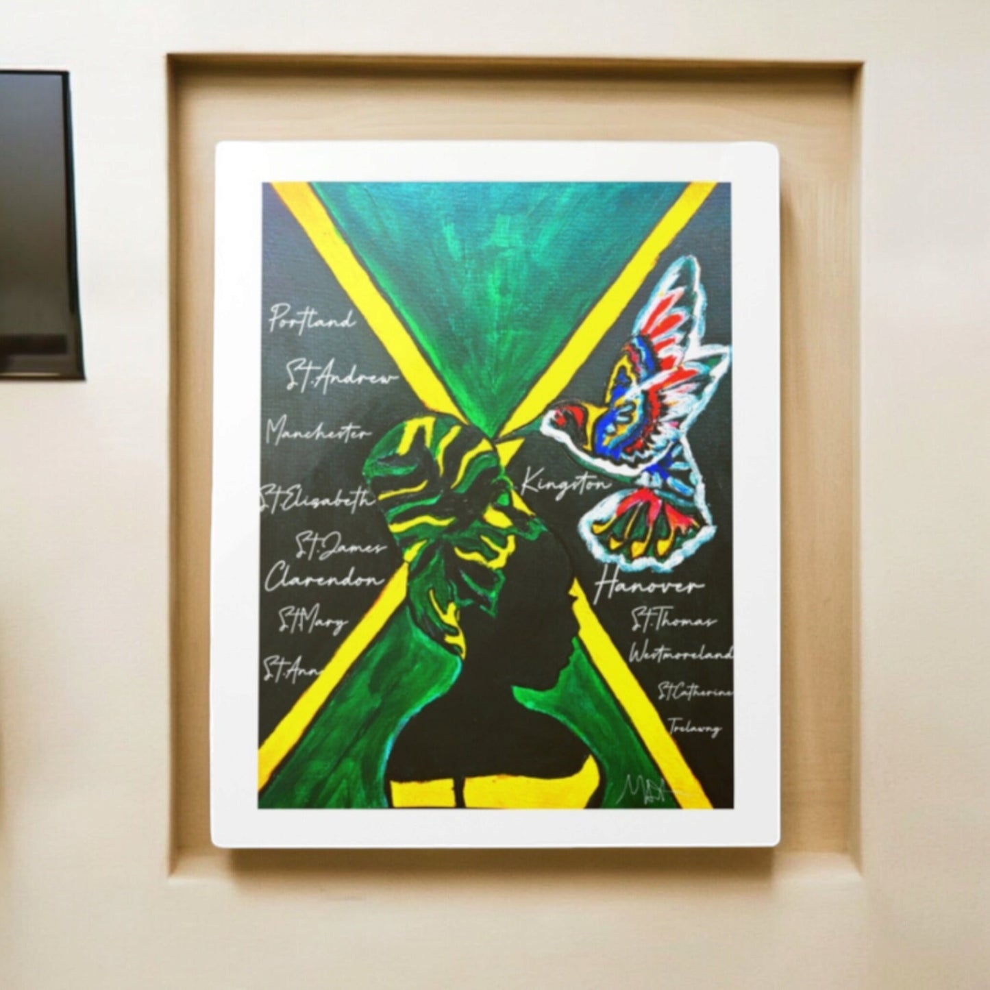 Handcrafted Ethnic Wall Art - Jamaican Female Portrait with Flag Colors, Cultural Home Accent