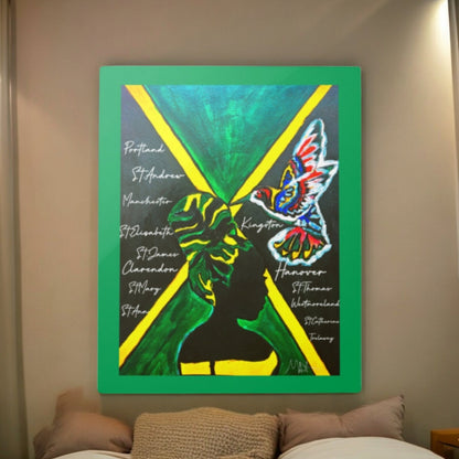 Handcrafted Ethnic Wall Art - Jamaican Female Portrait with Flag Colors, Cultural Home Accent