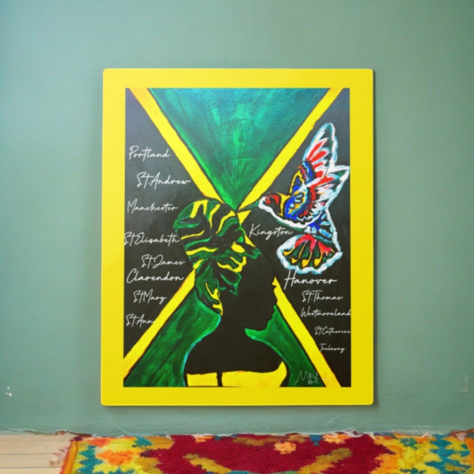 Handcrafted Ethnic Wall Art - Jamaican Female Portrait with Flag Colors, Cultural Home Accent