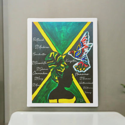 Vivid Hand Drawn Jamaican Woman Portrait, Patriotic Home Decor in Flag Colors