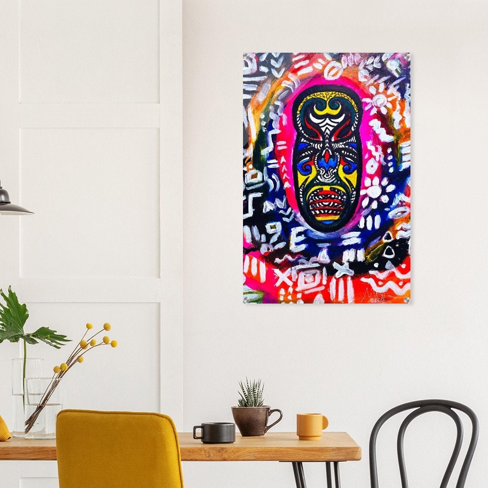 Vibrant Tribal Mask Painting, Acrylic Print - Authentic Handcrafted Decor