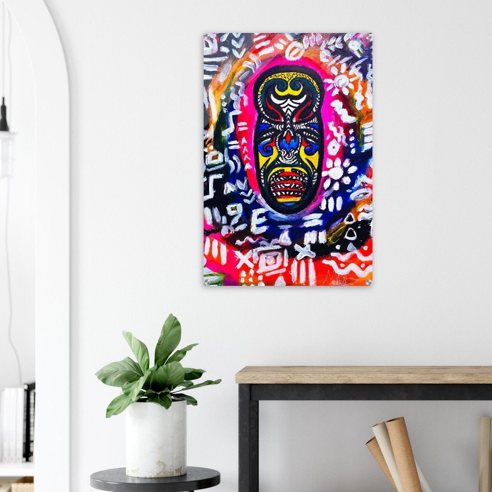 Vibrant Tribal Mask Painting, Acrylic Print - Authentic Handcrafted Decor