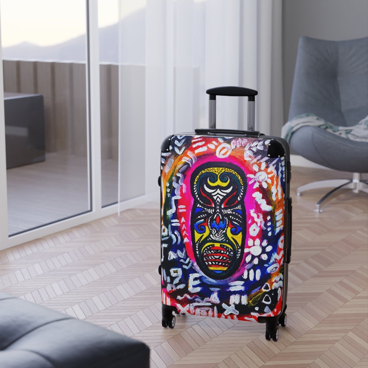 Multi-Size Tribal Mask Suitcase - Eye-Catching Design, Adjustable Handle, Smooth 360 Wheels